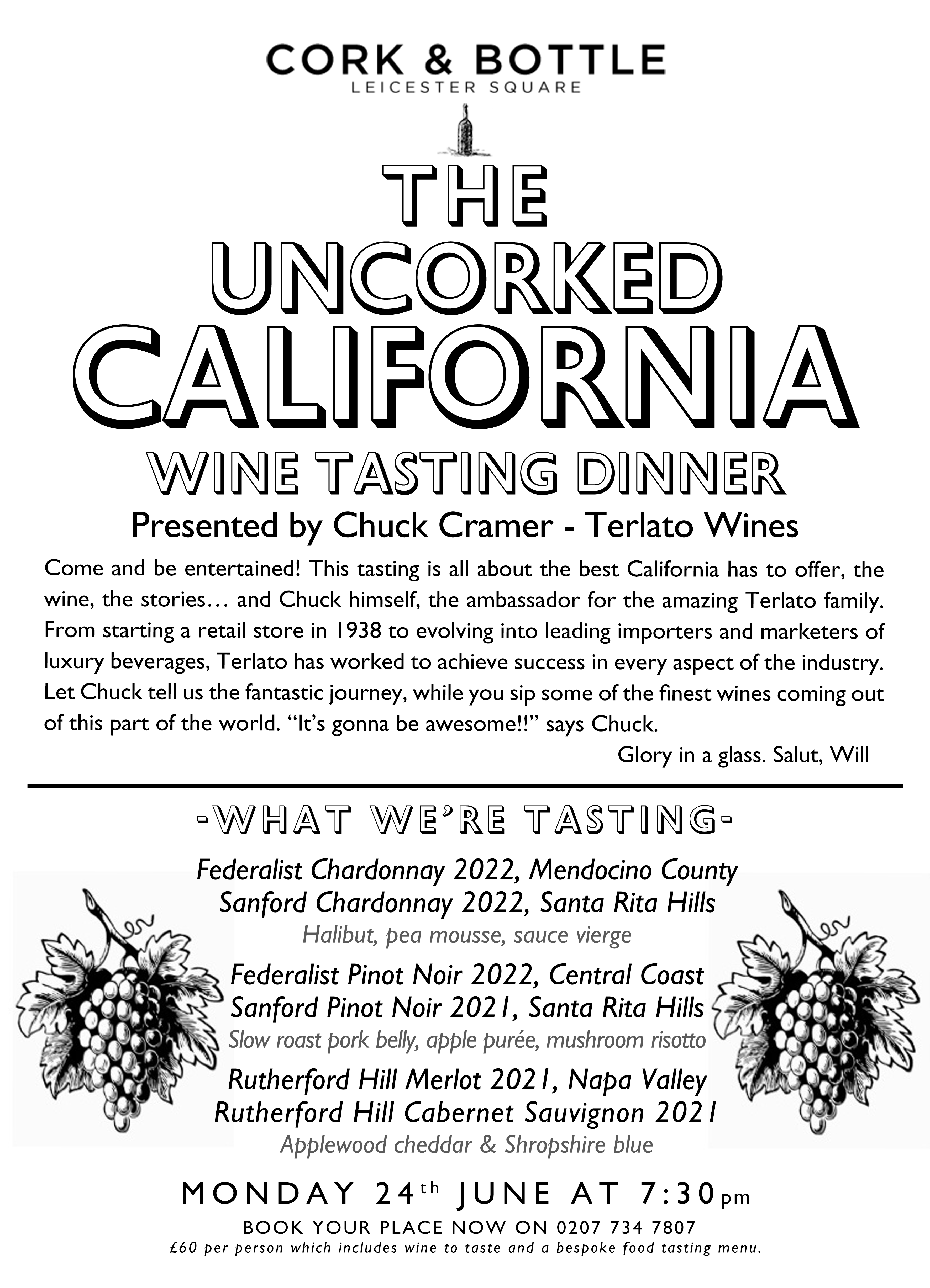 The Uncorked California WINE TASTING TICKET 24/06/2024 Cork & Bottle